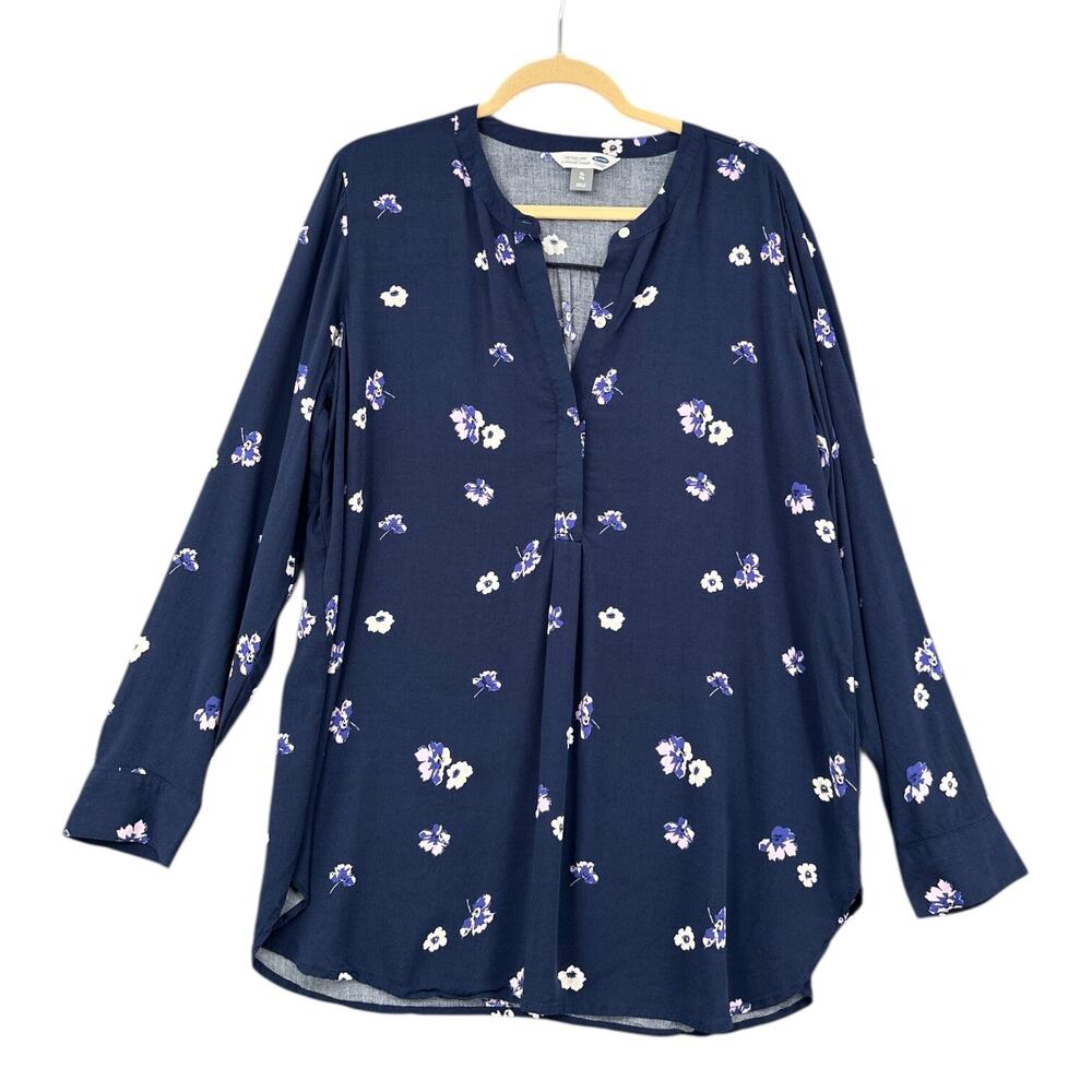 Old Navy Tunic Shirt Navy Blue Floral Print Long Sleeve Split Neck Tunic Size XL